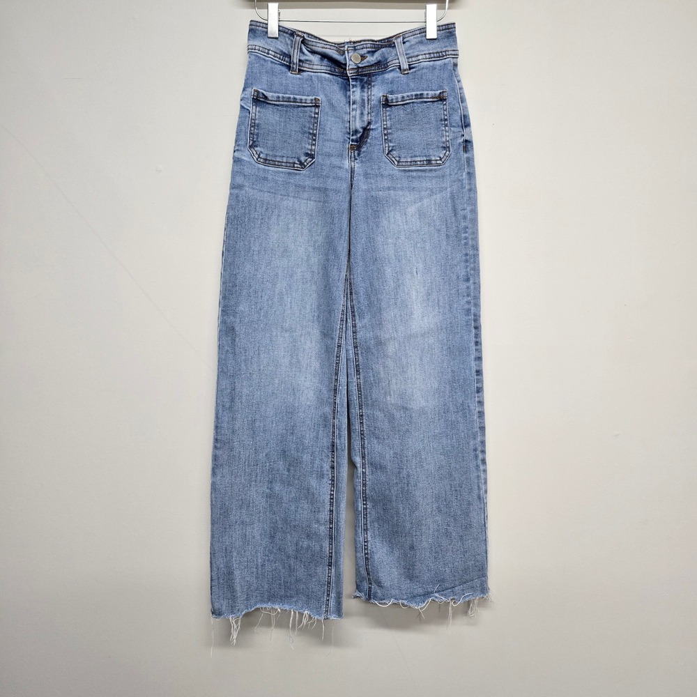 OAT New York Wide Leg Jeans Womens 0/25 Light Wash Cotton Stretch Raw Hem Boho